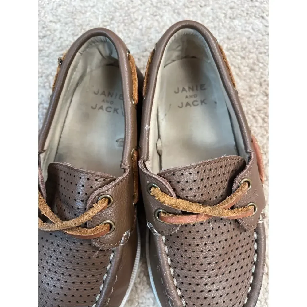 Janie & Jack Leather Boat Shoes Boys 11 Brown Slip On Preppy Nautical Summer